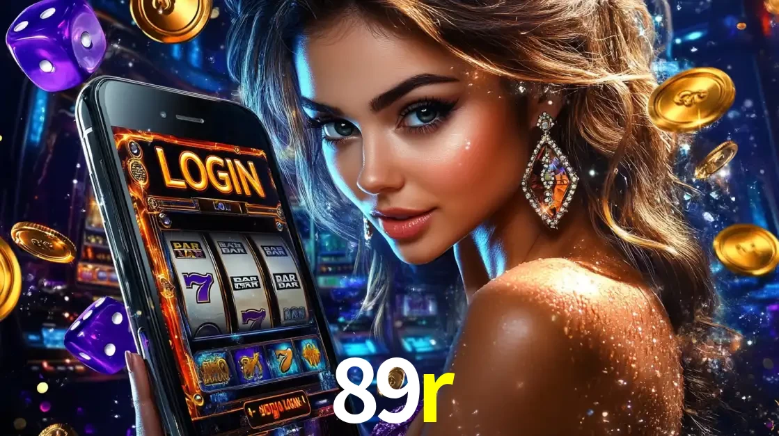Mulher glamorosa segurando um smartphone com a tela de login para os jogos de caça-níqueis do cassino online 89r, com moedas de ouro e dados ao redor.