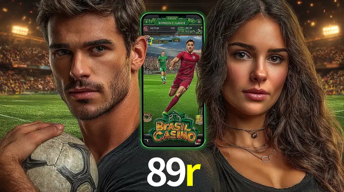 Homem segurando uma bola de futebol e uma mulher ao lado de um smartphone exibindo o jogo de apostas esportivas da 89r. Faça seu palpite no cassino online.